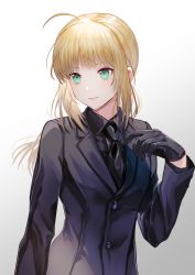 Rule 34 | 1girl, absurdres, ahoge, artoria pendragon (all), artoria pendragon (fate), black jacket, black necktie, black shirt, black sleeves, blonde hair, closed mouth, collared shirt, fate/stay night, fate/zero, fate (series), floating hair, formal, gradient background, green eyes, grey background, highres, hitotsuyama jitan, jacket, long hair, long sleeves, necktie, ponytail, saber (fate), shirt, sidelocks, solo, upper body, white background, wing collar