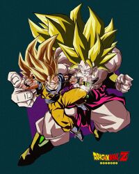 Rule 34 | 1990s (style), 2boys, abs, absurdres, battle, blonde hair, blue footwear, blue shirt, boots, broly (dragon ball z), clenched teeth, copyright name, dougi, dragon ball, dragonball z, earrings, full body, highres, hoop earrings, jewelry, large pectorals, long hair, male focus, multiple boys, muscular, muscular male, necklace, no eyebrows, no pupils, oharu2000, pants, pectorals, punching, retro artstyle, sash, shirt, short sleeves, simple background, size difference, son goku, spiked hair, super saiyan, super saiyan 3, teeth, topless male, toriyama akira (style), torn cloth, white pants, wristband