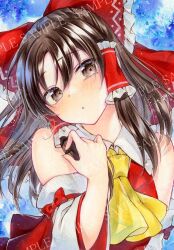 Rule 34 | 1girl, alto2019, ascot, bare shoulders, black hair, blue background, blush, bow, commentary, detached sleeves, hair bow, hair tubes, hakurei reimu, looking at viewer, medium hair, red bow, sample watermark, sidelocks, solo, touhou, traditional media, upper body, watermark, yellow ascot