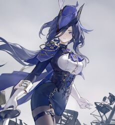 1girl ascot blue_capelet blue_hair breasts brooch capelet clorinde_(genshin_impact) corset genshin_impact gloves grey_background hat highres jewelry large_breasts long_hair looking_at_viewer purple_ascot purple_eyes shirt simple_background solo tricorne upper_body white_gloves white_shirt xuemen