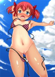 Rule 34 | 1girl, arms up, bikini, blue eyes, blush, breasts, cleft of venus, cloud, day, hair ribbon, highres, navel, nipples, nude, one-piece tan, open mouth, original, pussy, red hair, ribbon, short hair, sky, small breasts, solo, striped bikini, striped clothes, sukesan, swimsuit, tan, tanline, twintails, uncensored, wardrobe malfunction