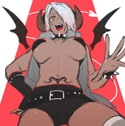 Rule 34 | 1girl, an ling withered, angel (kof), black wings, bracelet, breasts, cleavage, collar, cosplay, cropped jacket, dark-skinned female, dark skin, demon girl, demon horns, demon tail, demon wings, hair over one eye, highres, horns, jewelry, large breasts, leather, looking at viewer, navel, pubic tattoo, red eyes, smile, solo, spiked bracelet, spiked collar, spikes, tail, tattoo, the king of fighters, the king of fighters xiv, toned, white hair, wings