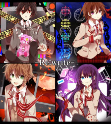 Rule 34 | 2boys, 2girls, a-ya (shuuen no shiori), album name, analog clock, arm at side, arrow (symbol), b-ko (shuuen no shiori), black background, black hair, blazer, blue eyes, brown cardigan, brown hair, c-ta, cardigan, caution tape, chain, circle, clenched hand, clock, closed mouth, collared shirt, commentary request, copyright name, cowboy shot, cross, d-ne, desk, english text, expressionless, finger to mouth, floating, floating neckwear, floating object, full moon, green eyes, grey hoodie, grey pants, hair between eyes, hair ribbon, highres, holding, holding ribbon, hood, hood down, hoodie, index finger raised, jacket, keep out, lamp, letterboxed, long bangs, long hair, long sleeves, looking at viewer, moon, multicolored background, multicolored clothes, multicolored jacket, multiple boys, multiple girls, nagu jona, necktie, open collar, pants, parted lips, plaid, plaid skirt, pleated skirt, power lines, purple background, purple eyes, purple hair, red background, red eyes, red necktie, red ribbon, red skirt, red sky, red trim, ribbon, roman numeral, school desk, school uniform, scissors, shirt, short hair, shushing, shuuen no shiori project, sign, sitting, skirt, sky, smile, splatter, teeth, television, test card, traffic light, triangle, two-tone jacket, upper body, upper teeth only, utility pole, vertical-striped clothes, vertical-striped necktie, viewfinder, white shirt, window, yellow jacket