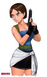 Rule 34 | 1girl, absurdres, aqua eyes, bare arms, bare legs, bare shoulders, black gloves, black skirt, blue tube top, breasts, brown hair, capcom, cleavage, closed mouth, clothes around waist, collarbone, copyright name, cowboy shot, earltheartist, female focus, fingerless gloves, gloves, gun, handgun, highres, holding, holding gun, holding weapon, jill valentine, large breasts, legs, lips, looking away, looking to the side, neck, pencil skirt, pistol, resident evil, resident evil 3, resident evil 3: nemesis, serious, short hair, simple background, skirt, solo, standing, strapless, sweater, sweater around waist, trigger discipline, tube top, weapon, white background