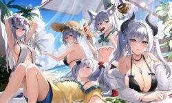 Rule 34 | 5girls, absurdres, animal ears, aoi 13, armpits, arms up, bad id, bad pixiv id, bare shoulders, beach, bikini, black bikini, blue eyes, breasts, brown eyes, cleavage, closed eyes, closed mouth, eyewear on head, food, grey hair, hair ornament, hat, heterochromia, highres, horns, jewelry, knees up, large breasts, long hair, long sleeves, looking at viewer, lying, multiple girls, navel, necklace, off shoulder, on back, on stomach, original, outdoors, parted lips, purple eyes, revision, shirt, sideboob, smile, straw hat, sunglasses, swimsuit, twintails, water, white shirt, yellow shirt