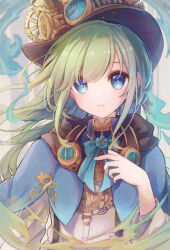 Rule 34 | 1girl, black hat, blue bow, blue capelet, blue eyes, bow, capelet, commentary request, gears, green hair, grey background, hair between eyes, hand up, hat, highres, long sleeves, looking at viewer, original, parted lips, shirt, signature, solo, striped, striped background, suspenders, top hat, upper body, vertical stripes, white shirt, yonema