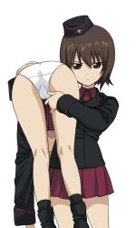 Rule 34 | 10s, 2girls, a1 (initial-g), absurdres, agent aika, aika (series), black footwear, black legwear, blazer, boots, brown eyes, brown hair, carrying, closed mouth, cowboy shot, garrison cap, girls und panzer, hand on another&#039;s thigh, hat, highres, itsumi erika, jacket, kuromorimine military uniform, long sleeves, looking at viewer, multiple girls, nishizumi maho, open mouth, panties, parody, pleated skirt, red skirt, short hair, shoulder carry, simple background, skirt, socks, unconscious, underwear, white background, white panties