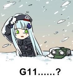 Rule 34 | 2girls, beret, black headwear, black jacket, blizzard, buried alive, chinese commentary, commentary request, covering face, g11 (girls&#039; frontline), girls&#039; frontline, gloves, green eyes, green headwear, grey hair, hat, highres, hk416 (girls&#039; frontline), jacket, long hair, long sleeves, m16a1 (girls&#039; frontline), multiple girls, outdoors, parted lips, snow, snow on body, snow on head, square mouth, su xiao jei, teardrop facial mark, very long hair, white gloves