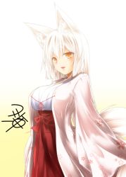 Rule 34 | 1girl, animal ear fluff, animal ears, breasts, cowboy shot, floral print, fox ears, fox tail, from side, hakama, hakama skirt, japanese clothes, kohaku (yua), large breasts, long hair, long sleeves, looking to the side, original, parted lips, skirt, slit pupils, smile, solo, tail, white hair, wide sleeves, yellow eyes, yua (checkmate)