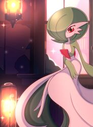 Rule 34 | 1girl, absurdres, blush, bob cut, closed mouth, colored skin, creatures (company), crossed legs, female focus, flat chest, game freak, gardevoir, gen 3 pokemon, glowing, green hair, green skin, hair over one eye, hand on lap, happy, highres, indoors, kosaburou, lantern, light blush, looking at viewer, multicolored skin, nintendo, one eye covered, pokemon, pokemon (creature), red eyes, short hair, sitting, smile, solo, sparkle, two-tone skin, white skin, window