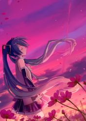 Rule 34 | 1girl, absurdres, aqua necktie, bare shoulders, black skirt, black sleeves, blue hair, closed eyes, cloud, cloudy sky, commentary, cosmos (flower), cowboy shot, detached sleeves, falling leaves, flower, from below, grey shirt, hair ornament, hand on own chest, hatsune miku, highres, leaf, long hair, mofmofmoffu, necktie, parted lips, petals, purple sky, shirt, skirt, sky, sleeveless, sleeveless shirt, solo, standing, sunset, twilight, twintails, very long hair, vocaloid, wind