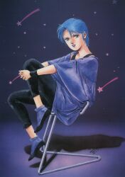Rule 34 | 1980s (style), 1987, 1girl, blue eyes, blue hair, chair, dated, four murasame, grin, gundam, highres, kitazume hiroyuki, looking at viewer, oldschool, production art, purple lips, retro artstyle, scan, shoes, shooting star, signature, sitting, smile, star (symbol), starry background, traditional media, wristband, zeta gundam