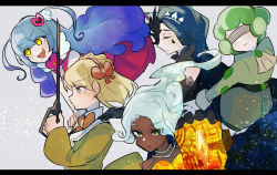 Rule 34 | 5girls, ascot, blindfold, blonde hair, blouse, blue hair, bow, closed eyes, closed mouth, collared shirt, dark-skinned female, dark skin, facial mark, fake wings, fang, green eyes, green hair, hair ornament, hair ribbon, headband, heart, heart hair ornament, jacket, king of greed, knight of despair, library of ruina, light blue hair, long hair, long sleeves, magical girl, multiple girls, nakame77, open mouth, orange headband, orange ribbon, pink bow, project moon, puffy shorts, queen of hatred, ribbon, servant of wrath, shirt, shorts, skin fang, sleeve cuffs, smile, tiara, tiphereth a (project moon), twintails, white ascot, white shirt, wings, wonderlab, yellow eyes, yellow jacket