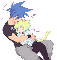 Rule 34 | 2boys, :&lt;, androgynous, animal ears, artist name, ass, black shirt, blue hair, blush, cat boy, cat ears, cat tail, closed eyes, collared shirt, commentary, cropped legs, galo thymos, green hair, hand on another&#039;s back, hand on another&#039;s head, heart, highres, hug, kome 1022, leather, leather pants, lio fotia, long sleeves, male focus, mohawk, multiple boys, open mouth, pants, petting, promare, purring, shirt, short hair, sidelocks, simple background, smile, spiked hair, t-shirt, tail, tight clothes, translated, white background, wrist cuffs, wristband, yaoi