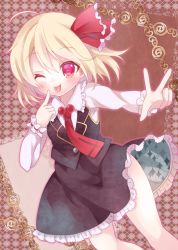 Rule 34 | 1girl, blonde hair, finger to cheek, hair ribbon, kokorominton, long sleeves, necktie, one eye closed, pink eyes, red necktie, ribbon, rumia, shirt, skirt, skirt set, smile, solo, tongue, tongue out, touhou, v, vest, wink