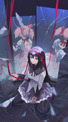 Rule 34 | 2girls, absurdres, akemi homura, argyle, argyle clothes, argyle legwear, black hair, black pantyhose, bow, breasts, chinese commentary, closed mouth, cola-alter, commentary, crack, cracked glass, dress, gem, hair bow, hairband, highres, kaname madoka, kyubey, long hair, long sleeves, mahou shoujo madoka magica, mahou shoujo madoka magica (anime), mirror, multiple girls, multiple views, neck ribbon, pantyhose, pink dress, pink hair, pleated skirt, puffy short sleeves, puffy sleeves, purple eyes, purple gemstone, purple ribbon, purple skirt, red bow, ribbon, shirt, short hair, short sleeves, short twintails, sitting, skirt, small breasts, soul gem, string, string of fate, twintails, wariza, water, white shirt