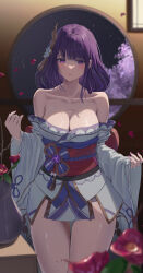 Rule 34 | 1girl, absurdres, bakemonsou, bare shoulders, blurry, blush, breasts, cherry blossoms, cleavage, closed mouth, collarbone, cowboy shot, depth of field, falling petals, flower, genshin impact, highres, indoors, japanese clothes, kimono, large breasts, leaf, long sleeves, looking at viewer, mole, mole under eye, nail polish, obi, off shoulder, petals, purple eyes, purple hair, purple nails, raiden shogun, raised eyebrows, red flower, red sash, sash, short kimono, solo, thighs, vision (genshin impact), white kimono, wide sleeves, window