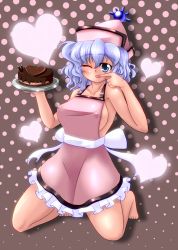 Rule 34 | 1girl, ;p, apron, bad id, bad pixiv id, barefoot, blue eyes, blue hair, blush, breasts, cake, chocolate, chuuten (clam chowder), covered erect nipples, female focus, licking finger, food, hat, heart, highres, large breasts, licking, matching hair/eyes, merlin prismriver, naked apron, one eye closed, pastry, short hair, solo, tongue, tongue out, touhou, wink