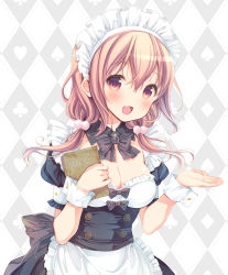 Rule 34 | 10s, 1girl, :d, argyle, argyle background, argyle clothes, black bow, blush, bow, bowtie, breasts, brown hair, cleavage, highres, hinako note, looking at viewer, maid, maid headdress, march-bunny, medium breasts, menu, menu board, open mouth, original, red eyes, sakuragi hinako, short hair, smile, solo, twintails