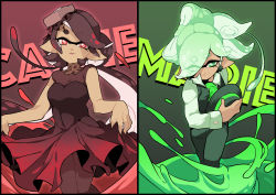 Rule 34 | + +, 2girls, alternate costume, black dress, black hair, black headwear, black legwear, black pants, black vest, bowing, callie (splatoon), closed mouth, commentary, cousins, curtsey, dress, dress shirt, earrings, english commentary, eyes visible through hair, fedora, fishnet legwear, fishnets, food, food on head, gomipomi, green eyes, grey hair, hat, holding, holding clothes, holding hat, inkling, jewelry, long hair, long sleeves, marie (splatoon), medium dress, mole, mole under eye, multiple girls, nintendo, object on head, paint, pants, pantyhose, parted lips, pointy ears, popped collar, purple eyes, reverse trap, shirt, skirt hold, sleeveless, sleeveless dress, smile, splatoon (series), swept bangs, tentacle hair, unworn hat, unworn headwear, very long hair, vest, white shirt