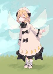 Rule 34 | 1girl, black bow, blonde hair, bow, closed mouth, dress, dress bow, drill hair, drill sidelocks, fairy wings, full body, grass, highres, looking at viewer, luna child, one-hour drawing challenge, outdoors, red eyes, sidelocks, sky, solo, standing, tohoyuukarin, touhou, white dress, white footwear, white headwear, wings