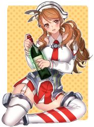 Rule 34 | 10s, 1girl, alcohol, bare shoulders, blush, bottle, breasts, brown eyes, brown hair, corset, detached sleeves, female focus, garter straps, highres, holding, kantai collection, katagiri hachigou, large breasts, littorio (kancolle), long hair, long sleeves, md5 mismatch, miniskirt, necktie, open mouth, outline, panties, pantyshot, resized, sitting, skirt, solo, striped clothes, striped thighhighs, thighhighs, underwear, wavy hair, white panties, wine, wine bottle, yokozuwari