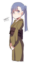 Rule 34 | 1girl, asymmetrical bangs, blue eyes, blue hair, blush, brown kimono, closed mouth, dated, japanese clothes, kimono, long hair, long sleeves, maze (gochama ze gohan), obi, original, own hands together, sash, signature, simple background, sketch, smile, solo, twintails, v arms, white background, wide sleeves