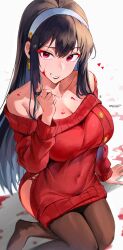 Rule 34 | absurdres, arm at side, black hair, black pantyhose, blood, blood on face, breasts, cleavage, closed mouth, collarbone, commentary, covered navel, dot nose, dress, earrings, full body, grin, twirling hair, hairband, heart, highres, jewelry, large breasts, long hair, long sleeves, looking at viewer, odyssey 21, off-shoulder sweater, off shoulder, pantyhose, red eyes, red sleeves, red sweater, sitting, smile, spy x family, sweater, sweater dress, symbol-only commentary, yokozuwari, yor briar