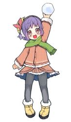 Rule 34 | 1girl, :d, aged down, arm up, black pantyhose, blush, boots, coat, full body, fur trim, happy, looking at viewer, open mouth, pantyhose, purple hair, red eyes, scarf, short hair, simple background, smile, snowball, solo, standing, tatuhiro, touhou, white background, winter clothes, yasaka kanako