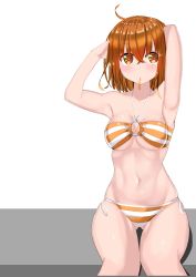 1girl, absurdres, ahoge, armpits, arms behind head, arms up, bangs, bare shoulders, bikini, blush, breasts, cleavage, collarbone, commentary request, cowboy shot, eyebrows visible through hair, fate/grand order, fate (series), fujimaru ritsuka (female), gluteal fold, groin, hair between eyes, halterneck, highres, medium breasts, midriff, mouth hold, navel, o-ring, o-ring bikini, orange bikini, orange eyes, orange hair, shadow, shinonome halltro, short hair, sideboob, sidelocks, simple background, sitting, skindentation, solo, striped, striped bikini, swimsuit, thigh gap, tying hair, underboob, white background