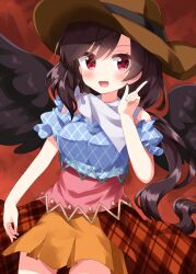 Rule 34 | 1girl, bandana, black hair, black wings, blue dress, boots, brown dress, brown hat, commentary request, cowboy boots, cowboy hat, dress, feathered wings, hat, highres, horse girl, horse tail, kurokoma saki, multicolored clothes, multicolored dress, off-shoulder dress, off shoulder, one-hour drawing challenge, open mouth, pegasus wings, pink dress, plaid, plaid dress, pointing, ponytail, puffy short sleeves, puffy sleeves, red eyes, ruu (tksymkw), short sleeves, tail, touhou, white bandana, wings