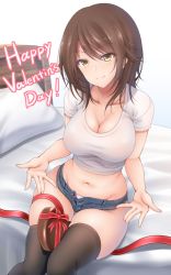 Rule 34 | 1girl, bed, bed sheet, bedroom, breasts, brown hair, candy, chocolate, chocolate heart, cleavage, closed mouth, commentary request, denim, denim shorts, denpa (denpae29), food, heart, indoors, large breasts, navel, original, pillow, red ribbon, ribbon, shirt, short shorts, shorts, sitting, smile, solo, stomach, thighhighs, thighs, valentine, white shirt, yellow eyes