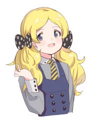 Rule 34 | 1girl, :d, black bow, blonde hair, blue dress, blush, bow, collared shirt, cropped torso, diagonal-striped clothes, diagonal-striped necktie, diagonal-striped neckwear, dress, grey eyes, grey shirt, hair bow, hand up, idolmaster, idolmaster million live!, long sleeves, necktie, open mouth, parted bangs, polka dot, polka dot bow, puffy long sleeves, puffy sleeves, shirt, simple background, sleeveless, sleeveless dress, smile, solo, striped clothes, striped necktie, striped neckwear, suzuki puramo, twintails, upper body, white background