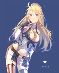 Rule 34 | 10s, 1girl, blonde hair, blue eyes, breasts, character name, clothes writing, gloves, hair ornament, iowa (kancolle), kantai collection, katee, large breasts, long hair, miniskirt, skirt, smile, solo, thighhighs, uniform, zettai ryouiki