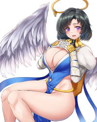 Rule 34 | 1girl, absurdres, angel (last origin), angel wings, black hair, blue dress, blush, breasts, cho!cho!, cleavage, cleavage cutout, clothing cutout, dress, elbow gloves, gloves, halo, highres, large breasts, last origin, open mouth, pelvic curtain, purple eyes, short hair, simple background, sitting, smile, solo, white background, wings