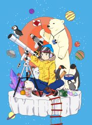 Rule 34 | 1girl, anchor, bad id, bad pixiv id, bear, bird, black gloves, blush, chopsticks, flag, flying saucer, gem, gloves, goggles, goggles on head, hand up, headphones, highres, indian style, ladder, nissin cup noodle, original, penguin, planet, planetary ring, polar bear, puffin, rabbit, red footwear, shoes, sitting, space shuttle, spacecraft, telescope, ufo, yoshimon