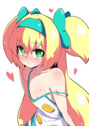 Rule 34 | 1girl, arms behind back, blazblue, blonde hair, camisole, flat chest, green eyes, hairband, heart, kaname nagi, long hair, platinum the trinity, ribbon, solo, strap slip, twintails, two side up, very long hair