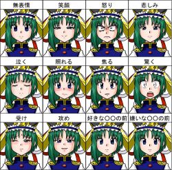 Rule 34 | 1girl, angry, blue eyes, blush, crying, expressions, female focus, frills, green hair, happy, hat, multiple views, one eye closed, open mouth, sad, shiki eiki, short hair, smile, supon, surprised, sweatdrop, tears, touhou, translation request, wink