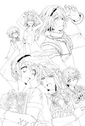 Rule 34 | 2boys, 2girls, brother and sister, closed eyes, closed mouth, dress, dual persona, emil (nier), flower, gloves, greyscale, grimoire weiss, highres, kaine (nier), long hair, monochrome, multiple boys, multiple girls, nier, nier (brother), nier (series), open mouth, saltysnow74, short hair, siblings, simple background, smile, white background, yonah