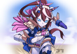 1girl absurdres animal_ears artist_logo ascot blue_eyes blue_gloves brown_hair epaulettes gloves hairband highres horse_ears horse_tail jacket jtleeklm logo mechanical_ears mechanization multicolored_hair no_mouth ponytail robot running running_towards_viewer skirt solo streaked_hair tail tokai_teio_(umamusume) umamusume upper_body watermark white_gloves