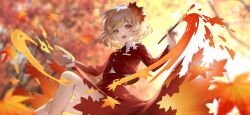 Rule 34 | 1girl, :d, aki shizuha, autumn leaves, blonde hair, blurry, blurry background, buttons, hair ornament, holding, holding paintbrush, holding palette, jacket, leaf, leaf hair ornament, long sleeves, looking at viewer, maple leaf, non-web source, official art, open mouth, orange eyes, paint, paintbrush, palette (object), red jacket, red skirt, second-party source, shirt, short hair, skirt, smile, solo, touhou, touhou gensou eclipse, tree, u u zan, white shirt