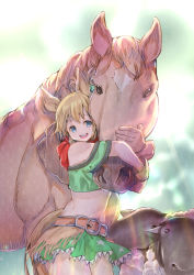 Rule 34 | 1girl, animal ears, bandana, blonde hair, blue eyes, commentary request, cowboy shot, creature and personification, diffraction spikes, gloves, green skirt, hair ornament, highres, horse, horse ears, horse girl, horse tail, hug, leather, leather belt, leather gloves, light rays, midriff, miniskirt, red bandana, sheep, skirt, star (symbol), star hair ornament, star print, taiki shuttle (racehorse), taiki shuttle (umamusume), tail, umamusume, usapenpen2019