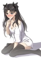 Rule 34 | 1girl, between legs, black hair, black ribbon, black thighhighs, blue eyes, blush, breasts, cleavage, collarbone, commentary request, fate/stay night, fate (series), frown, hair ribbon, hand between legs, hand up, highres, long hair, looking at viewer, medium breasts, mondi hl, off shoulder, ribbon, shirt, simple background, single bare shoulder, sitting, solo, thighhighs, tohsaka rin, two side up, wariza, white background, white shirt