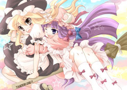 Rule 34 | 2girls, ayachin, blonde hair, broom, broom riding, crescent, crescent moon, female focus, hat, kirisame marisa, long hair, moon, multiple girls, patchouli knowledge, purple eyes, purple hair, touhou, witch, witch hat, yellow eyes