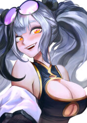 Rule 34 | 1girl, absurdres, animal ears, arknights, bare shoulders, black dress, black hair, blush, breasts, cha neung, china dress, chinese clothes, cleavage, cleavage cutout, clothing cutout, commentary, dress, eyewear on head, fang, feater (arknights), grey hair, heart, heart-shaped pupils, highres, jacket, jacket partially removed, large breasts, long hair, looking at viewer, multicolored hair, off shoulder, panda ears, pink-tinted eyewear, round eyewear, smile, solo, streaked hair, sunglasses, symbol-shaped pupils, tinted eyewear, twintails, underboob cutout, upper body, yellow eyes