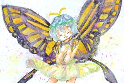 Rule 34 | 1girl, antennae, aqua hair, bad anatomy, butterfly wings, closed eyes, cowboy shot, dress, eternity larva, fairy, green dress, hair between eyes, insect wings, leaf, leaf on head, multicolored clothes, multicolored dress, one-hour drawing challenge, open mouth, shizdayo, short hair, short sleeves, smile, solo, touhou, traditional media, wings
