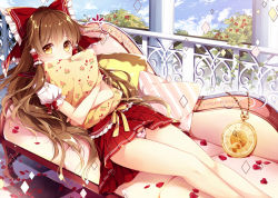 Rule 34 | 1girl, adapted costume, balcony, blue sky, bow, brown eyes, brown hair, checkered floor, cloud, couch, covering own mouth, crossed arms, day, hair bow, hair tubes, hakurei reimu, hat, hugging object, looking at viewer, lying, mob cap, mochizuki shiina, on back, oversized object, panties, pantyshot, petals, pillow, pillow hug, pink panties, pleated skirt, pocket watch, puffy short sleeves, puffy sleeves, shirt, short sleeves, skirt, sky, solo, striped clothes, striped panties, tile floor, tiles, touhou, underwear, upskirt, watch