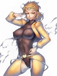 Rule 34 | 1girl, abs, blonde hair, breasts, cameltoe, covered navel, dio brando, covered erect nipples, fang, fumio (rsqkr), genderswap, genderswap (mtf), hairband, heart, impossible clothes, jacket, jojo no kimyou na bouken, large breasts, leotard, lips, navel, pants, red eyes, smile, solo, thighs