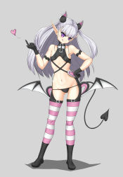 Rule 34 | 1girl, absurdres, bikini, boots, breasts, calligraphy brush, calligraphy brush (medium), demon girl, full body, grey background, highres, huoying huihui, long hair, naruse maria, paintbrush, purple eyes, shadow, shinmai maou no testament, silver hair, simple background, small breasts, solo, swimsuit, thigh boots, thighhighs