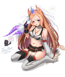 Rule 34 | 1girl, 1other, absurdres, archetto (arknights), arknights, artist name, black gloves, blood, blue eyes, bra, breasts, cleavage, cosplay, dagger, detached sleeves, doctor (arknights), fake horns, fish, full body, fur-trimmed bra, fur-trimmed sleeves, fur trim, gloves, heterochromia, highres, holding, holding dagger, holding knife, holding sign, holding weapon, horns, kirin (armor), kirin r yato (arknights), kirin r yato (arknights) (cosplay), knife, long hair, medium breasts, nosebleed, orange hair, red eyes, score, sideboob, sign, single detached sleeve, single glove, single horn, single sleeve, sitting, skirt, solo focus, spoken blush, stomach, swordfish, tcm bot, thighhighs, underwear, wariza, weapon, yato (arknights)